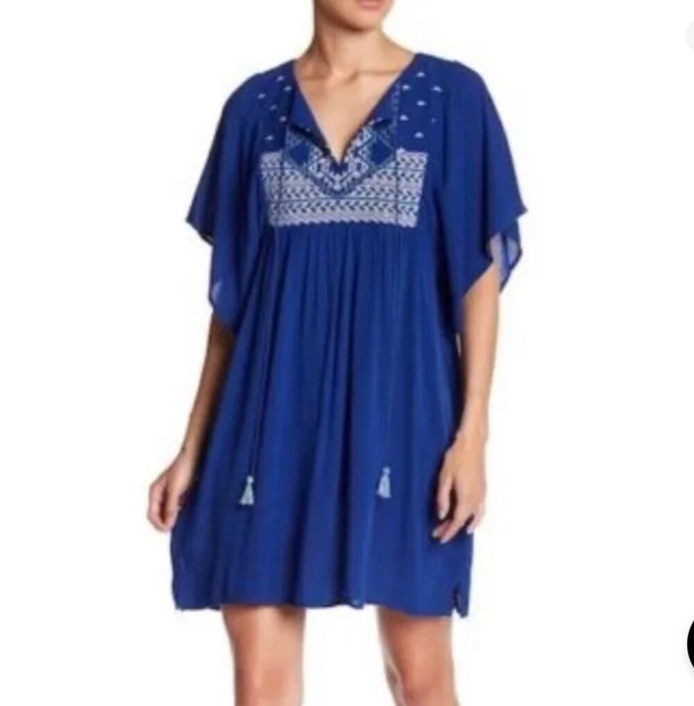 LOVESTITCH Flutter Sleeve Boho Mini Dress Tassel Tie Front Royal Blue Size Small